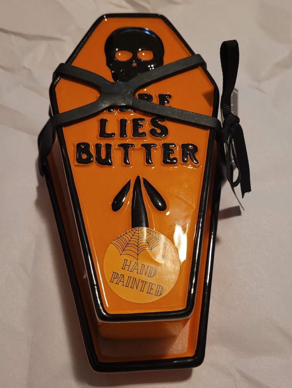 Cobwebs And Cauldrons Halloween Butter Dish Coffin Skull Ceramic Orange